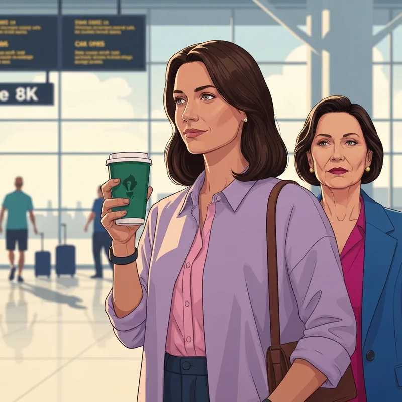 A traveler finds peace with a starbucks airport cup during a busy layover.