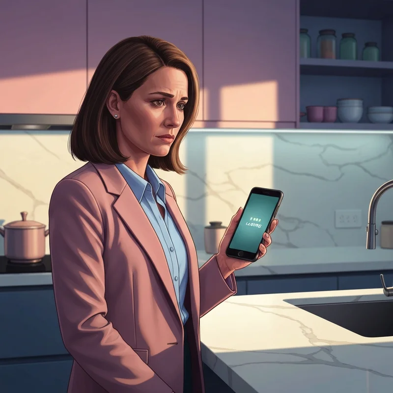 A woman checking if the starbucks app down on her phone during a stressful morning routine.