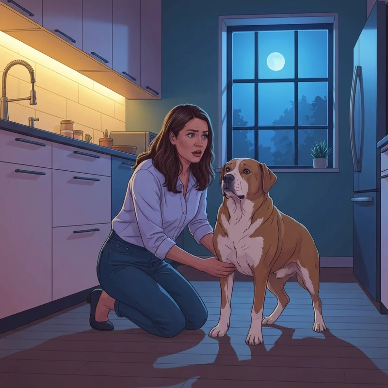 A concerned pet owner checking her dog for bloat symptoms in dogs in a dimly lit kitchen.