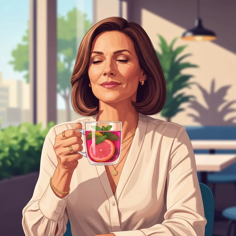 A woman enjoying a vibrant pink starbucks without caffeine tea in a calm cafe setting.