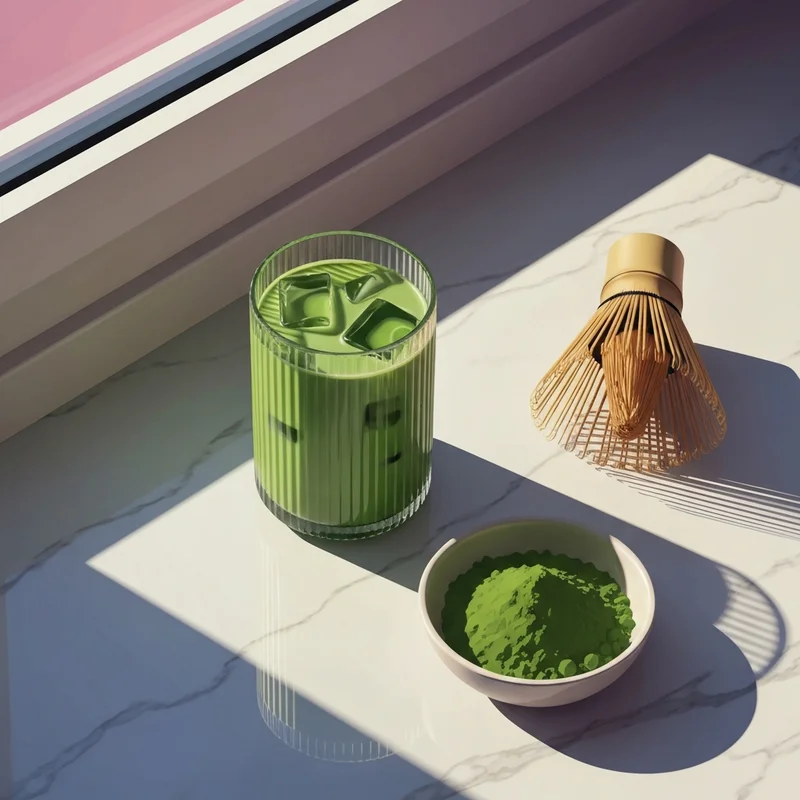 A high-vibe morning scene featuring a vibrant green iced matcha tea latte on a marble desk.