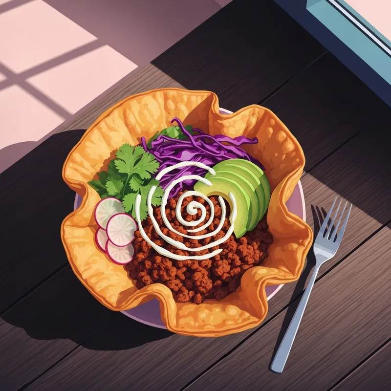 A gourmet Taco Salad Bowl with seasoned ground beef and fresh toppings in a crispy tortilla shell.