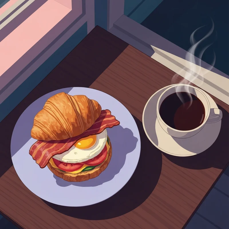 A close-up of a delicious Starbucks Double-Smoked Bacon Cheddar & Egg Sandwich on a cafe table.