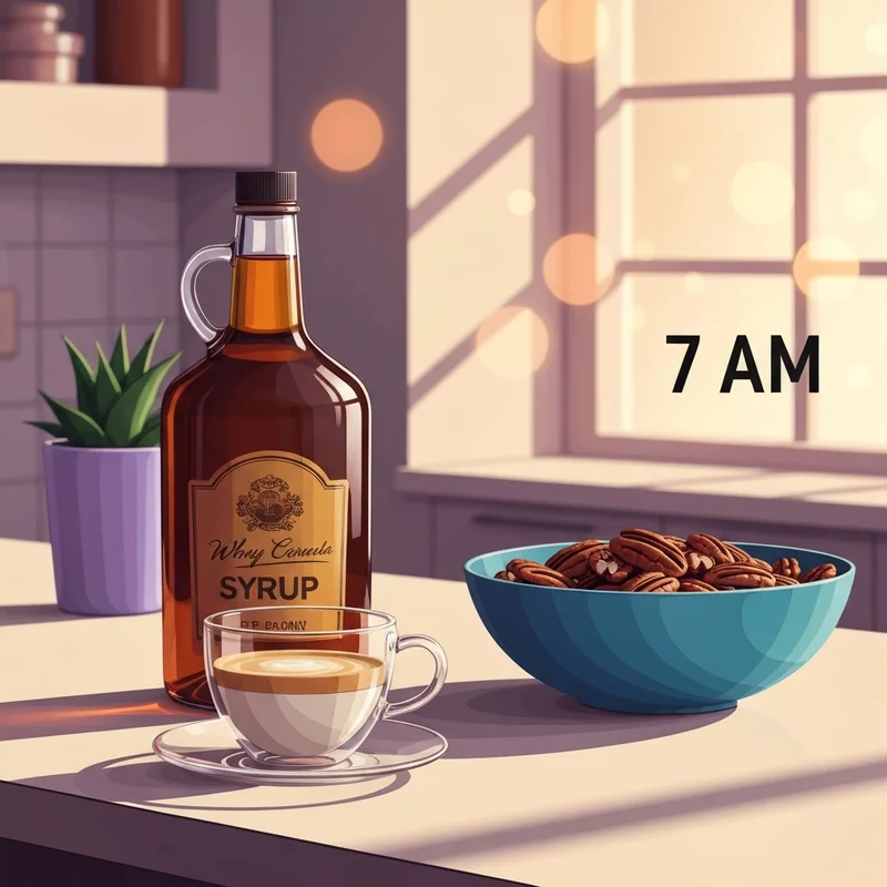 A cozy home coffee station featuring a latte made with dunkin butter pecan syrup and toasted pecans.