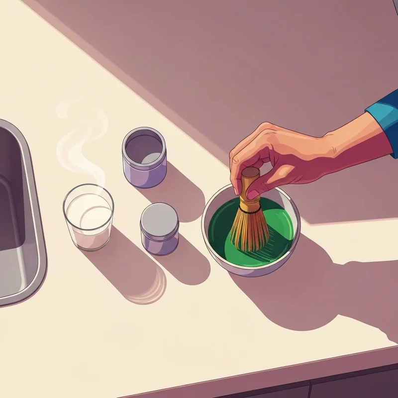 A peaceful morning scene showing a person whisking the best matcha for lattes in a ceramic bowl.