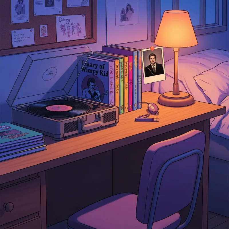 A nostalgic bedroom setup featuring a jeff buckley diary of a wimpy kid aesthetic with records and books.