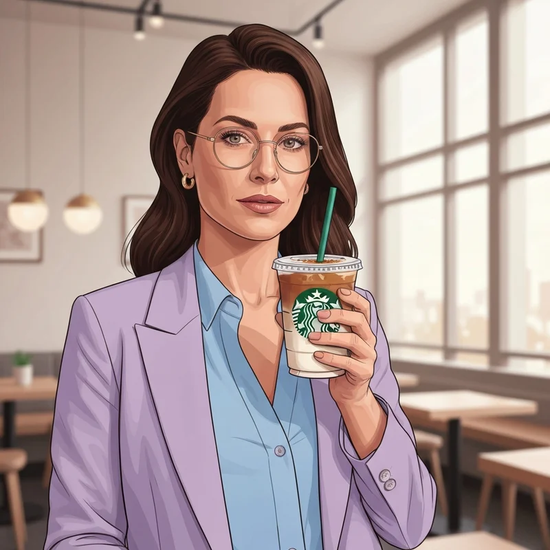 A woman holding one of the best low calorie iced starbucks drinks in a modern cafe setting.