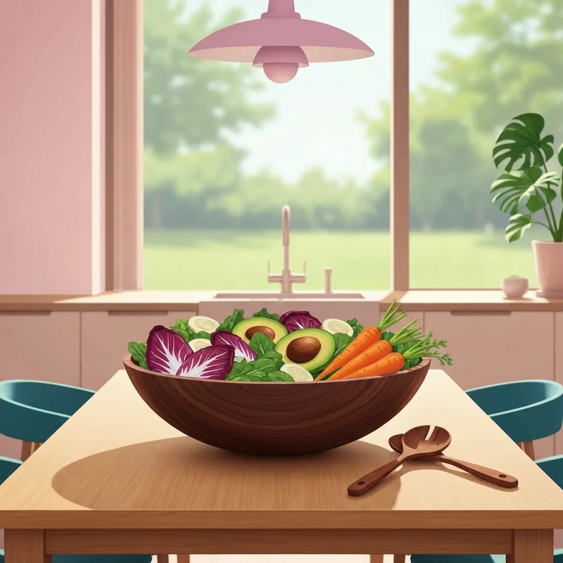 A stunning large bowl salad served in an artisanal wooden vessel on a sunlit modern dining table.