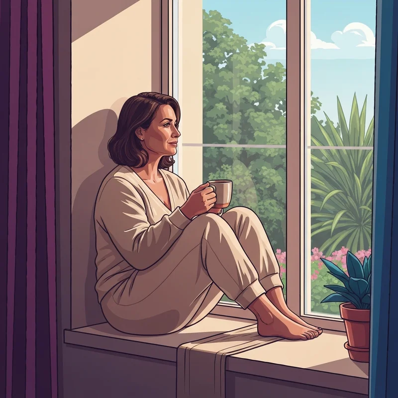 A woman practicing self-care while feeling bloated after menstruation in a peaceful home setting.