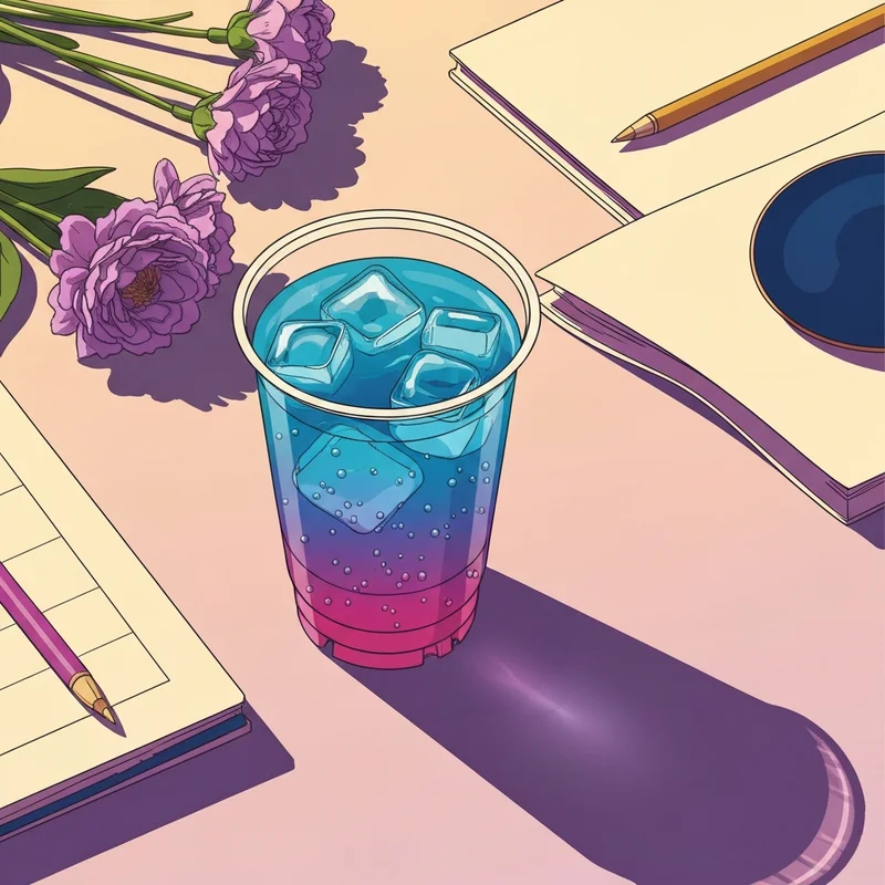 A vibrant glass of arctic cherry dunkin energy sitting on a desk with spring flowers.