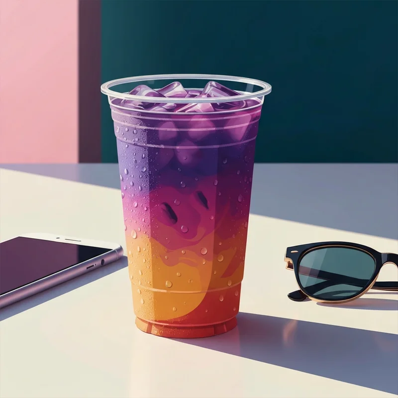 A vibrant layered tornado twist dunkin energy drink on a desk in the summer sun.