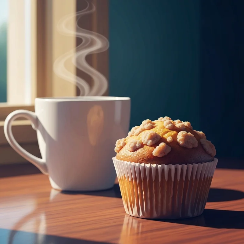 A close-up shot of delicious dunkin muffins and a steaming cup of coffee in a cozy morning setting.