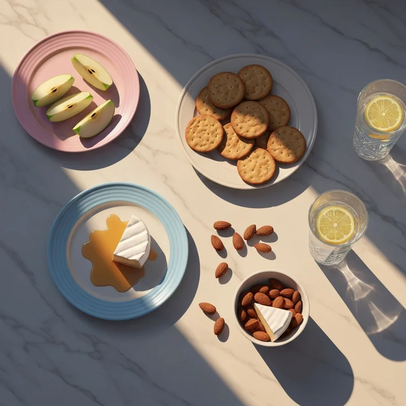 Aesthetic plate of various girl dinner ideas including cheese, crackers, and fruit on a marble table.