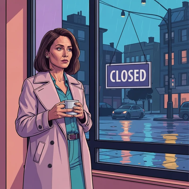 A woman reflecting on Starbucks closing stores in a rainy urban environment.