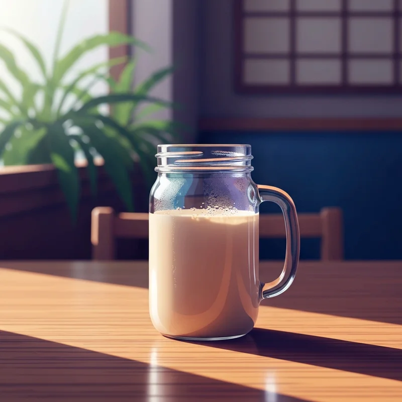 A beautiful, creamy hokkaido milk tea in a minimalist glass jar on a wooden cafe table.