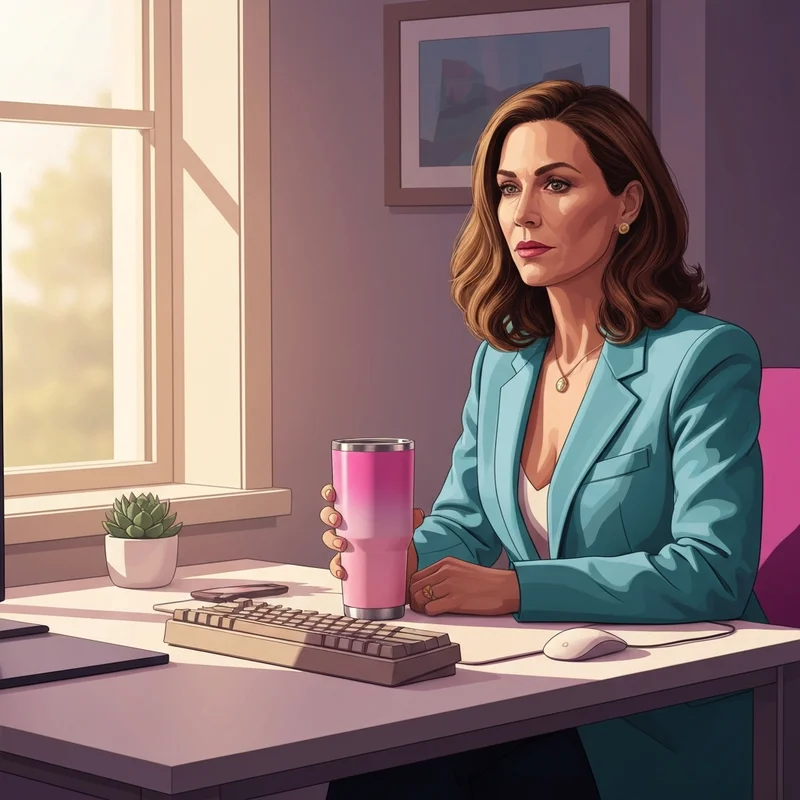 A woman's curated workspace featuring the iconic starbucks x stanley 40oz tumbler in a soft pink gradient.