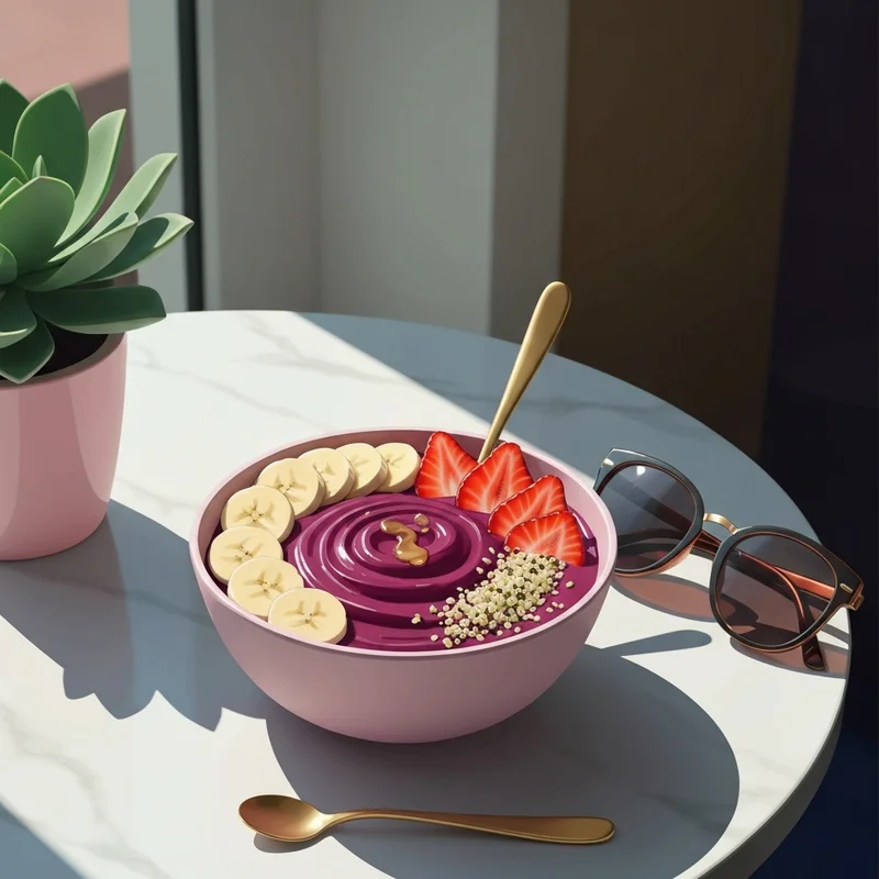 A perfectly curated nekter acai bowl topped with fresh fruit and hemp seeds on a marble table.
