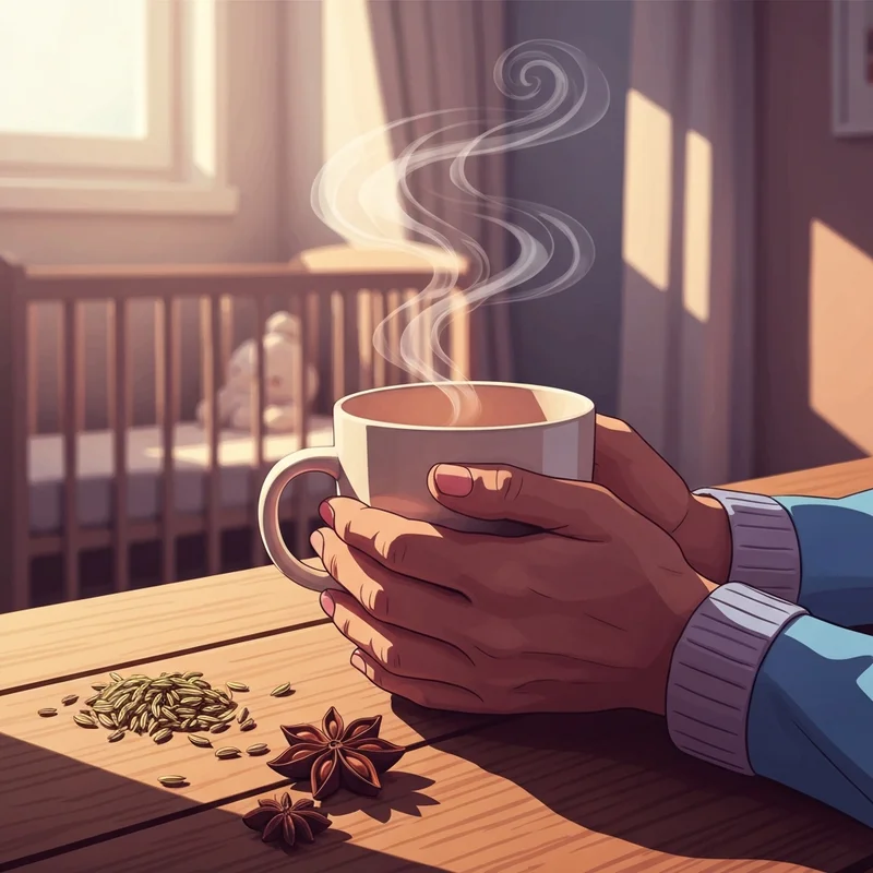 A steaming mug of mothers milk tea on a wooden table with fennel and star anise.