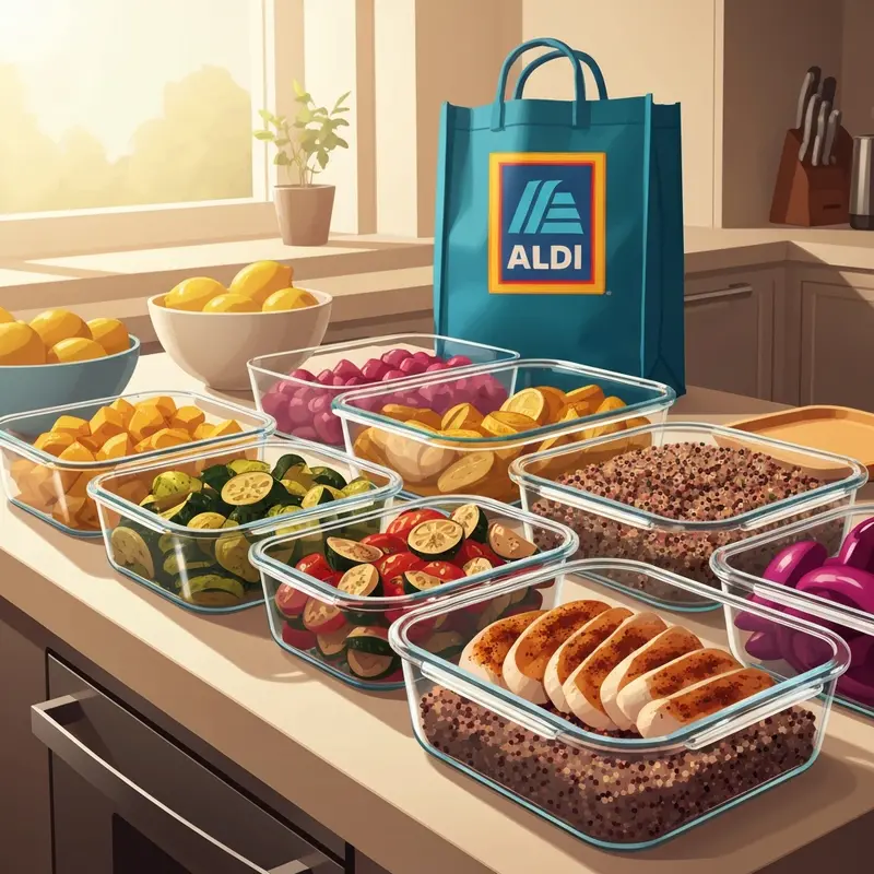 A collection of glass containers showcasing high protein meal prep from aldi cheap with chicken and vegetables.