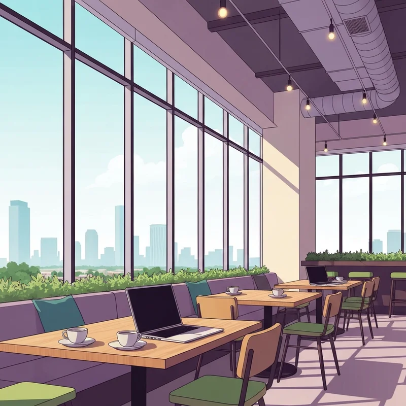 A bustling starbucks coffee houston tx location with remote workers and professional vibes.