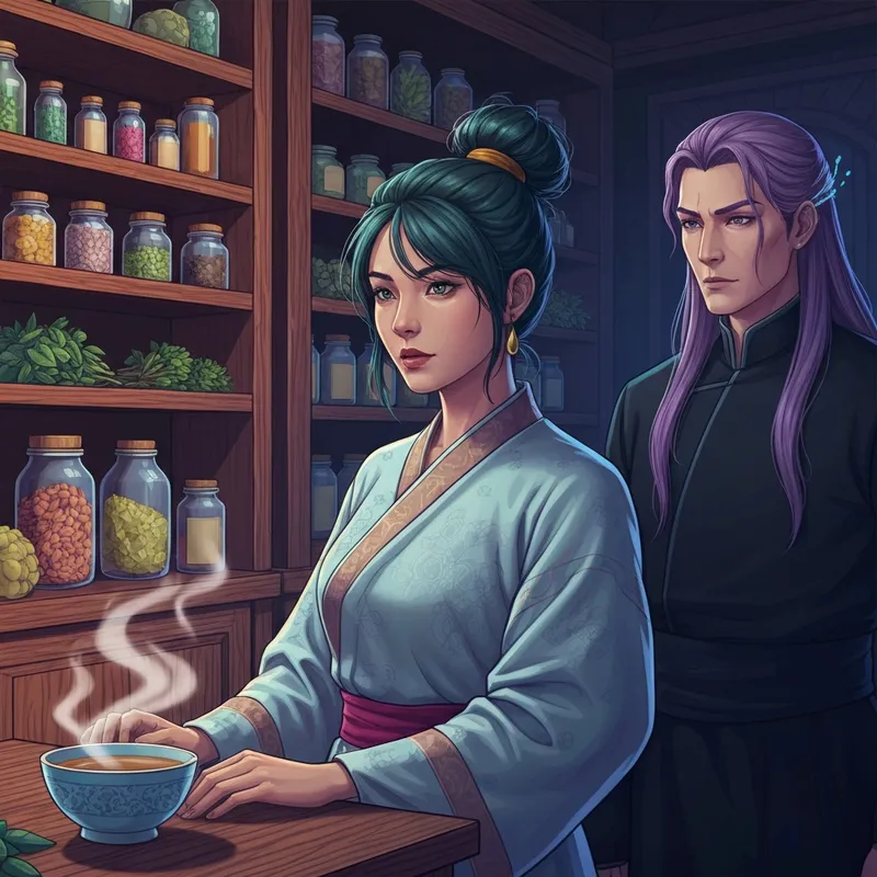 A detailed cinematic scene of Maomao and Jinshi in an apothecary setting, perfect for fans of the apothecary diaries hentai.