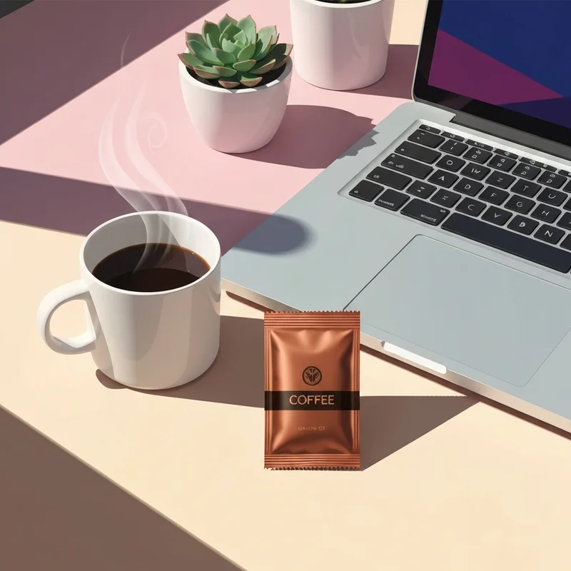 A minimalist professional desk featuring a cup of starbucks via instant coffee and a sleek laptop.