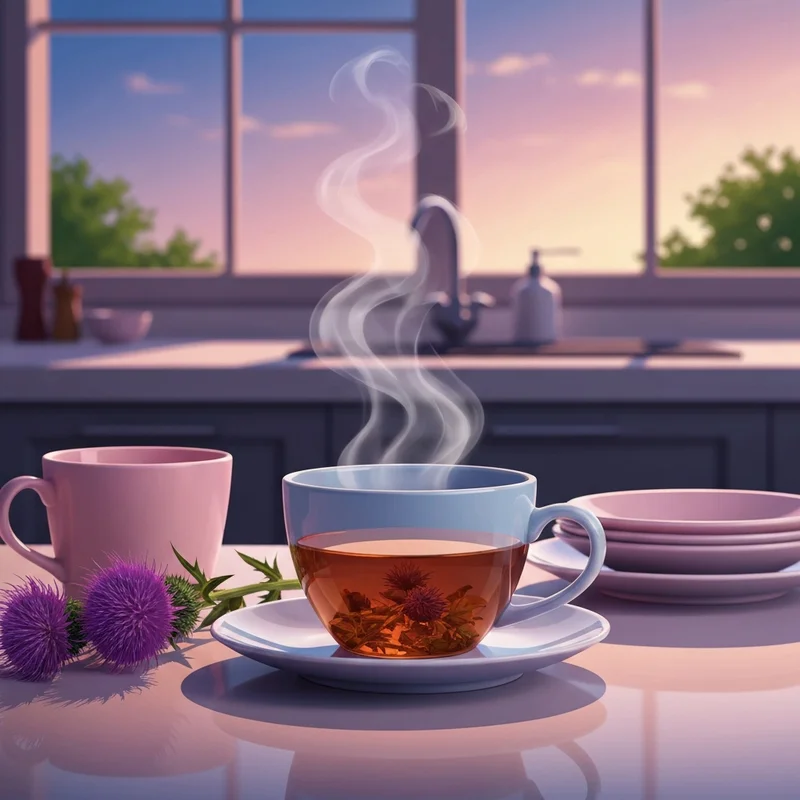 A peaceful evening ritual featuring milk of thistle tea for liver support and a fresh start.