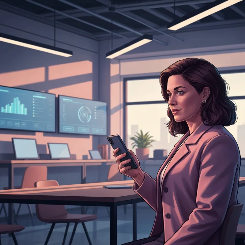 A young employee looking at their phone in a modern breakroom, symbolizing the experience of using the center dunkin brands portal.