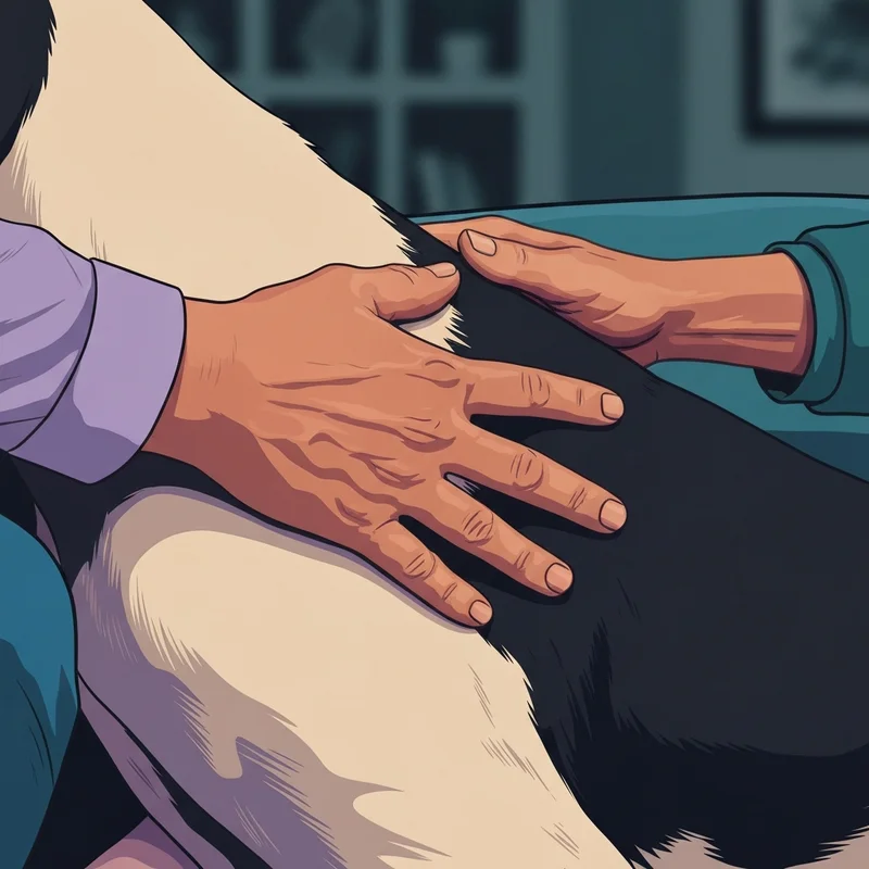 A close-up of a person checking a dog bloated stomach for signs of GDV in a dimly lit room.