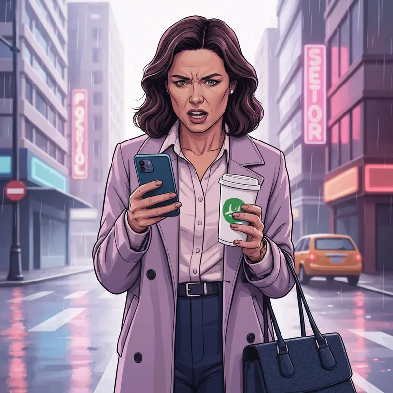 A professional woman checking her phone for starbucks customer service updates after a morning coffee mishap.