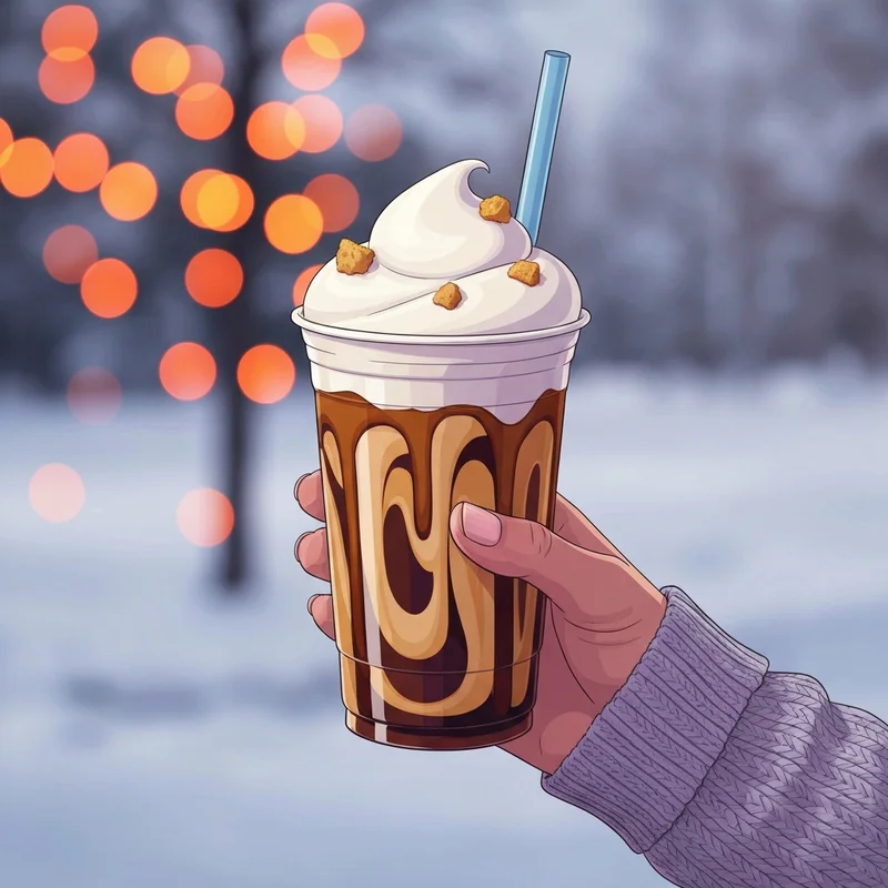 A close-up of a Dunkin Cookie Butter Cloud Latte with thick foam and cookie crumbles in a festive setting.