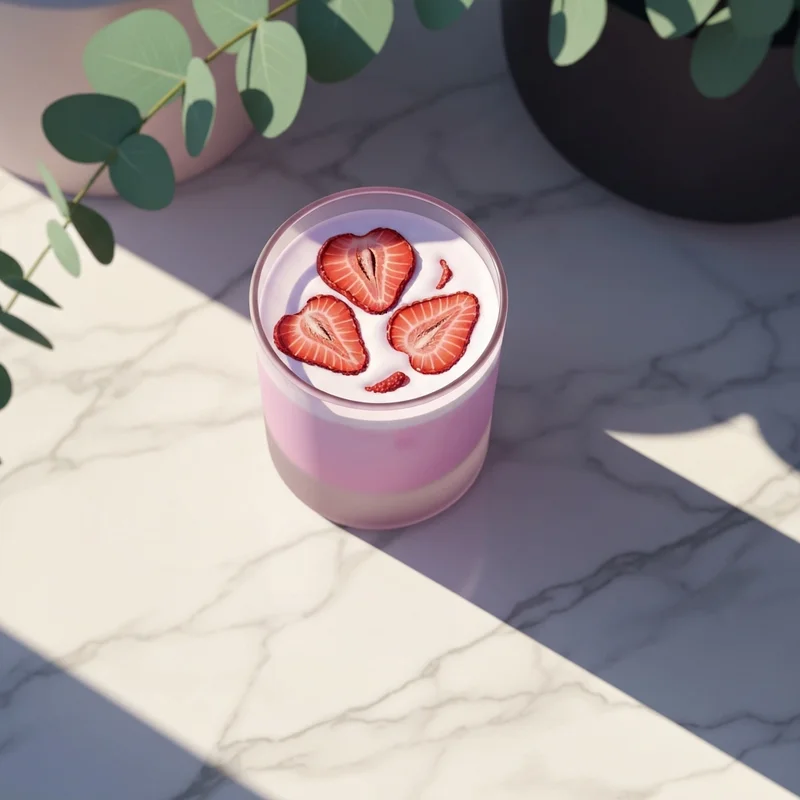 A professional-looking glass of a homemade Starbucks pink drink with coconut milk and strawberries on a marble table.