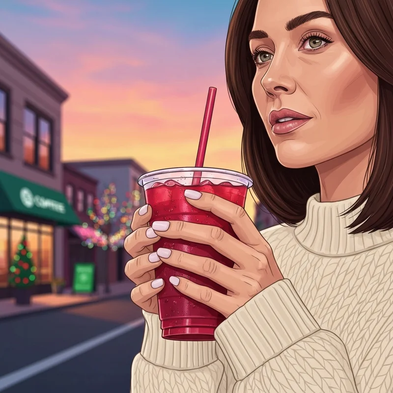 A stylish young woman enjoying a Starbucks Cranberry Refresher during the festive season.