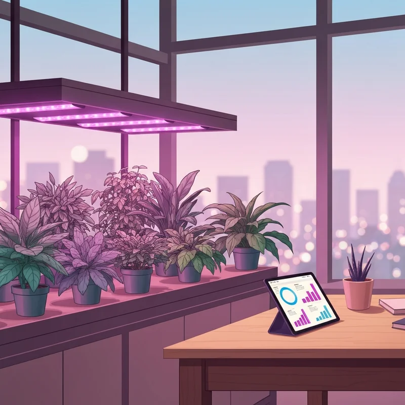 A high-end urban indoor garden featuring lush plants and a tablet for tracking grow diaries.