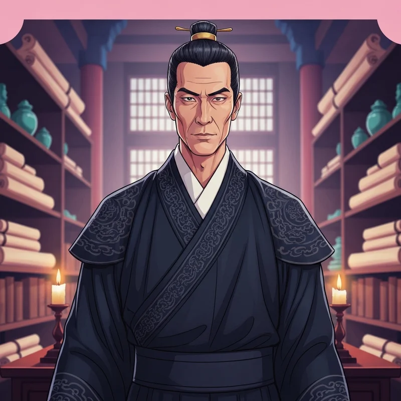 Detailed portrait of Gaoshun from gaoshun apothecary diaries standing in a royal library.