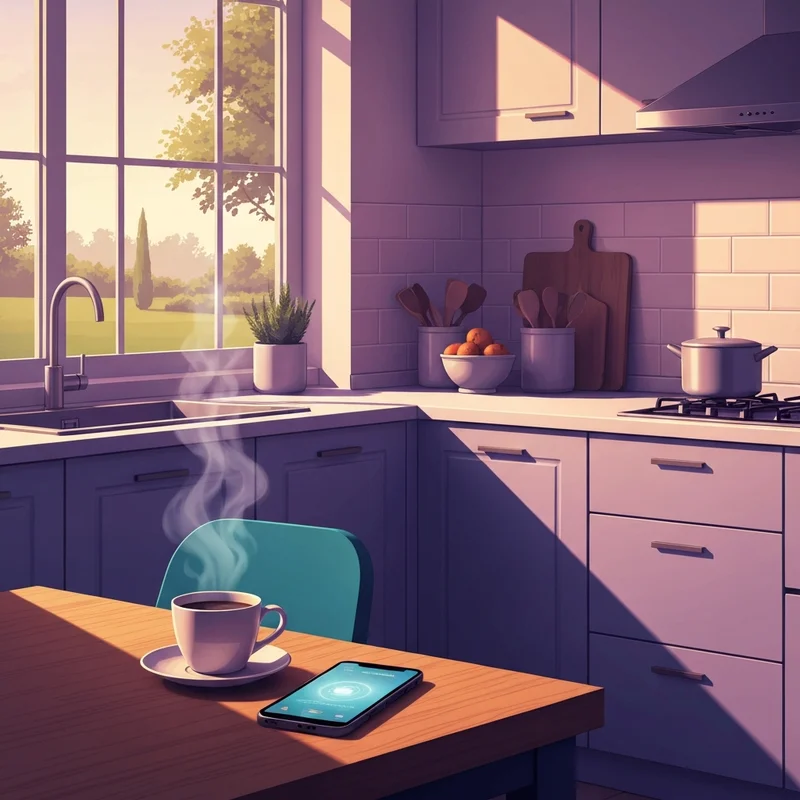 A peaceful morning scene showing a coffee cup and a smartphone used for seeking pan nuestro diario for daily spiritual guidance.