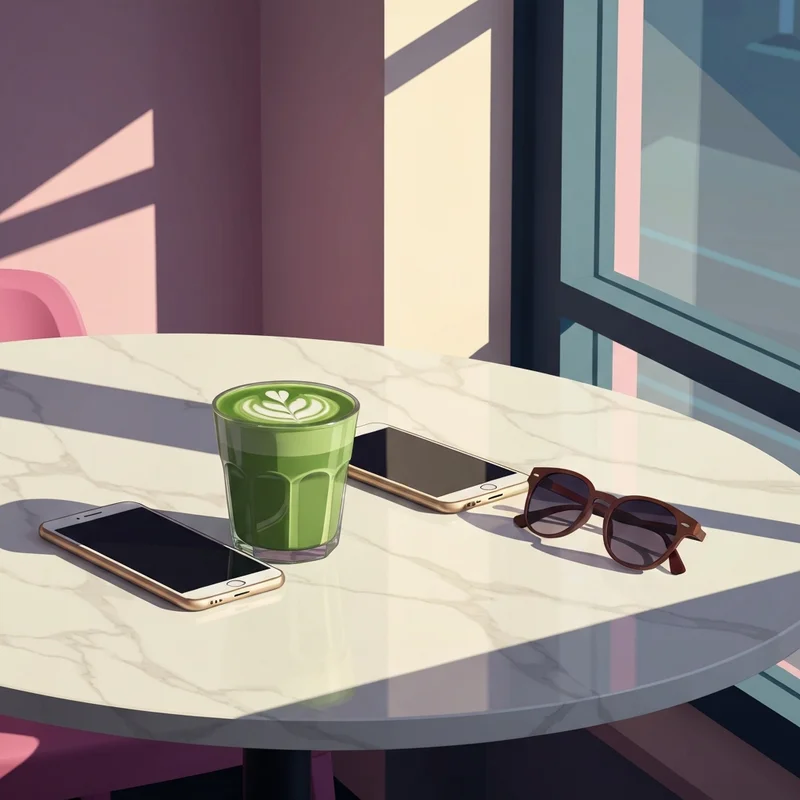 A close up of the calories in a matcha green tea latte in an aesthetic cafe setting.