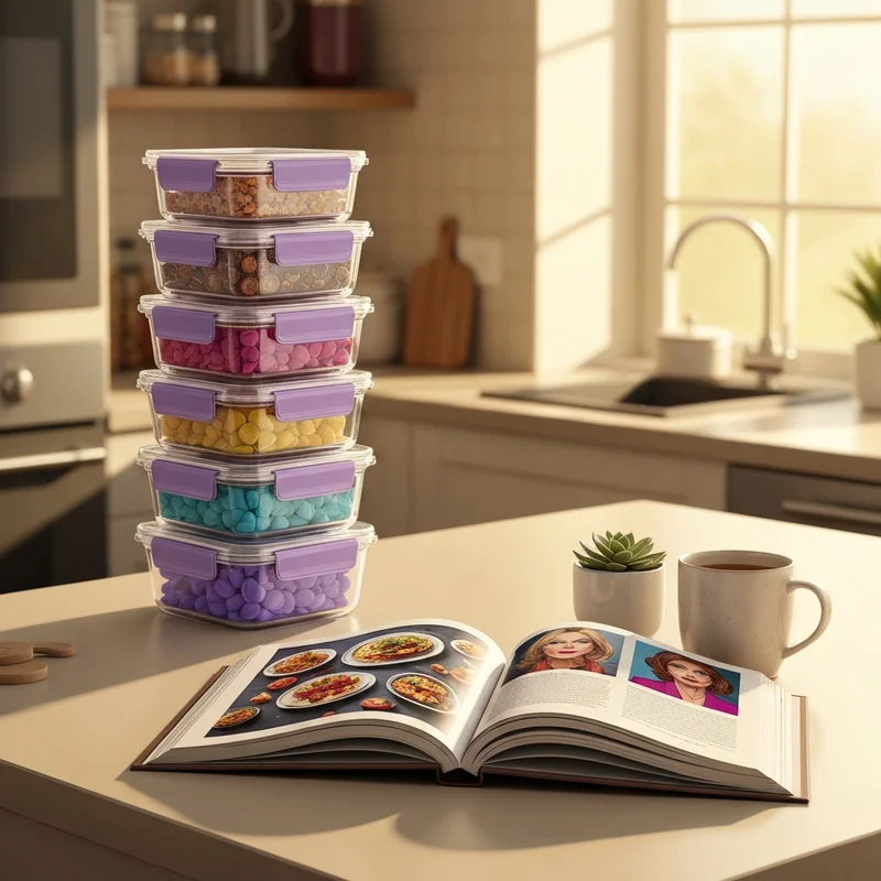 An aesthetic kitchen counter featuring glass containers and an open meal prep cookbook during a peaceful afternoon.