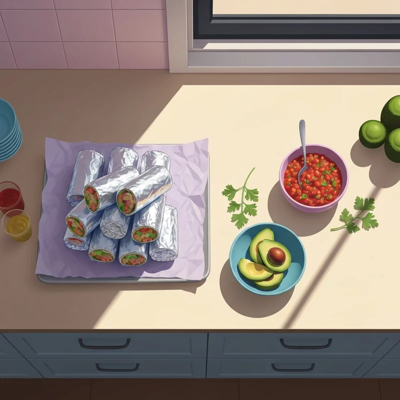 Organized breakfast burrito meal prep on a clean kitchen counter with fresh ingredients.