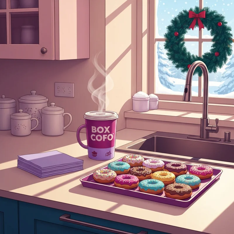 A Box O' Joe and holiday donuts on a festive kitchen counter, symbolizing the search for Dunkin' Christmas Hours.