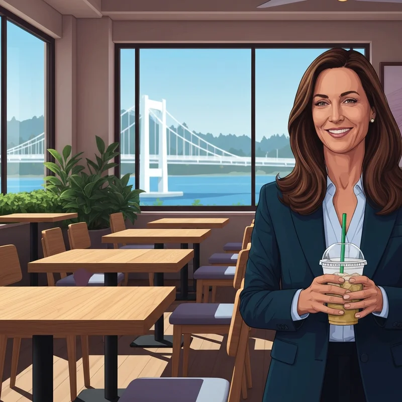 A professional woman enjoying a drink from a starbucks redding ca location with a view of the Sundial Bridge in the background.