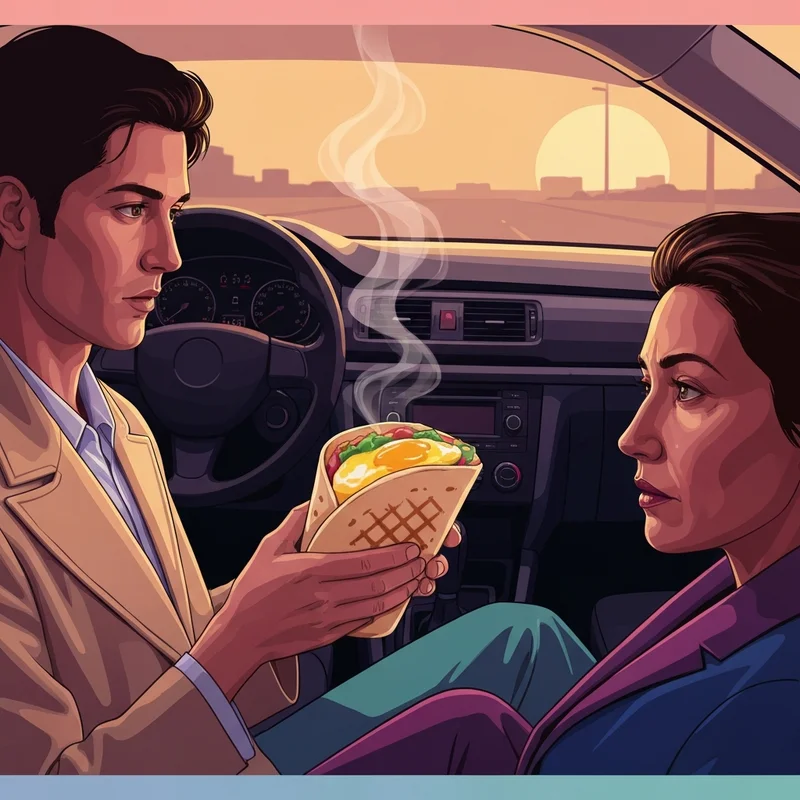 A delicious and warm Dunkin Donuts Wake Up Wrap held in a car during a morning commute.