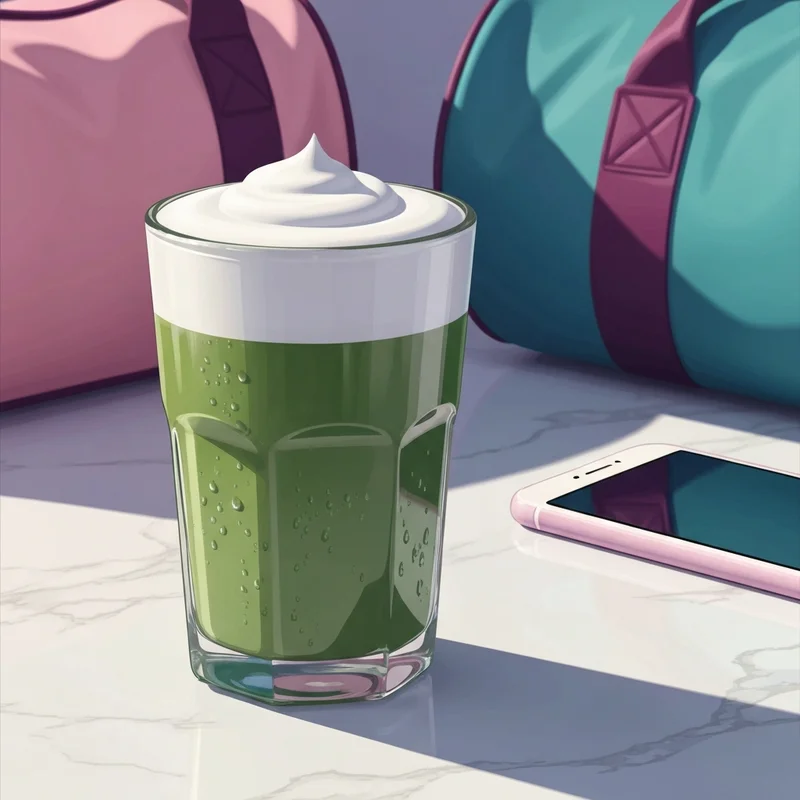 A refreshing glass of starbucks protein matcha on a marble table symbolizing a healthy lifestyle.