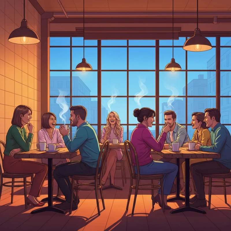 A group of young adults experiencing community in a cozy coffeehouse setting, mirroring the vibes of a starbucks commercial.
