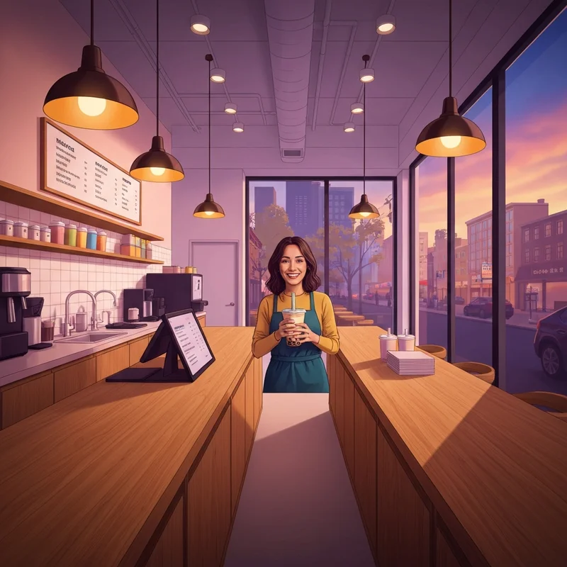 A successful young founder standing inside her modern pearl milk tea franchise during a golden hour sunset.