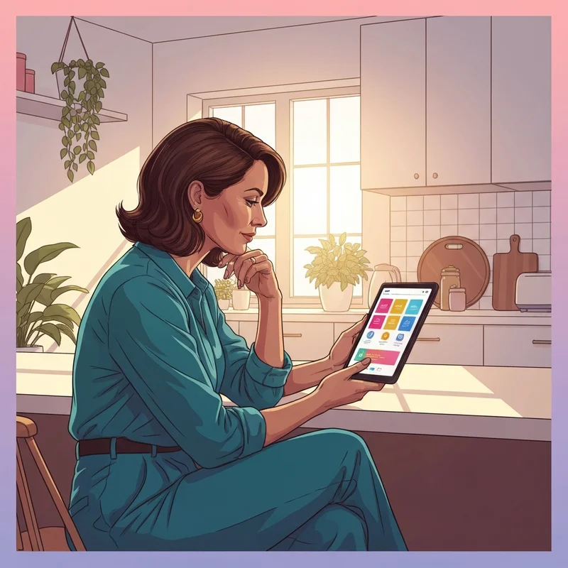 A woman using a digital food diary template on her tablet to track her healthy eating habits.