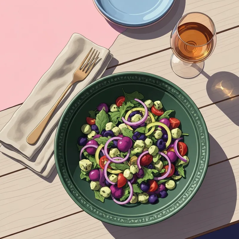 A luxury handcrafted ceramic salad bowl used as a centerpiece for a healthy dinner party.