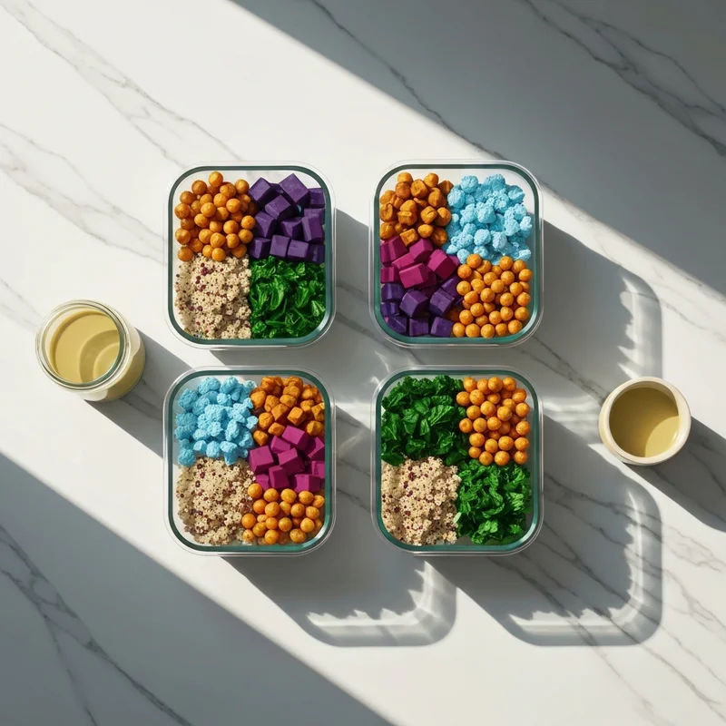 A collection of healthy lunch meal prep recipes in glass containers on a marble counter.