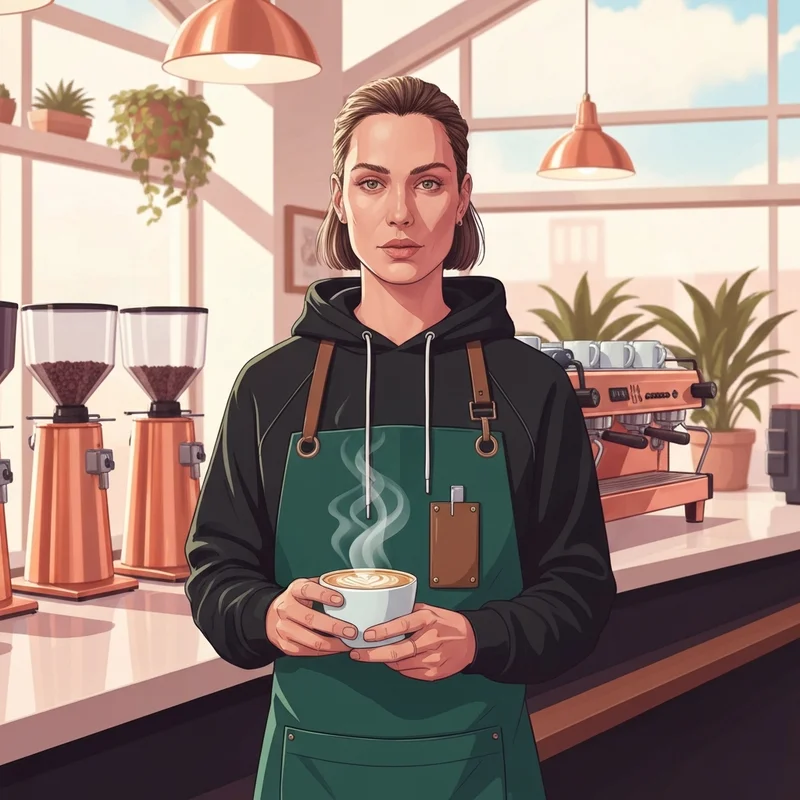 A stylish barista wearing official starbucks coffee gear and a green apron in a modern cafe setting.