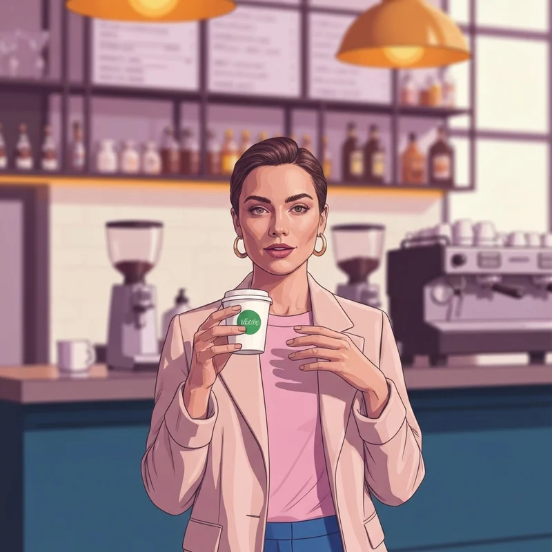 A young woman holding a cup while learning how many ounces is a tall starbucks in a modern cafe.